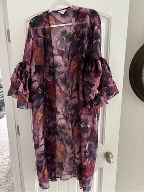 Cato Floral Sheer Kimono Duster in Plum and Wine Tones